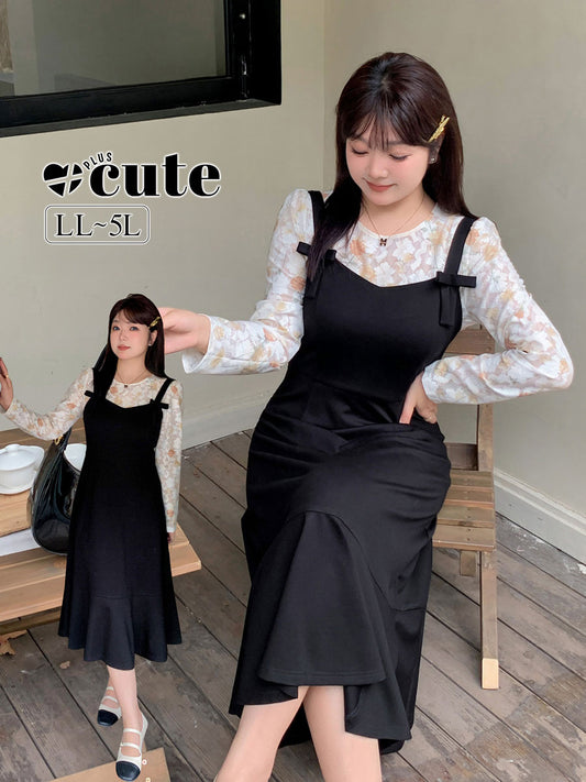 大きいサイズ レディース 花柄レースボトムシャツ+サスペンダースカート2点セット LL 3L 4L 5L