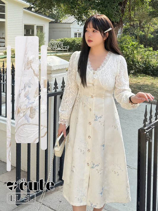 大きいサイズ レディース Vネックレース刺繍パッチワークワンピース LL 3L 4L 5L
