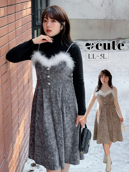 大きいサイズ レディース  ファーベルベットスリップワンピースヴィンテージプリント LL 3L 4L 5L