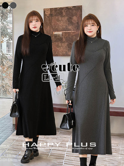 大きいサイズ レディース セミハイネックニットフェイクツーピースワンピース LL 3L 4L 5L