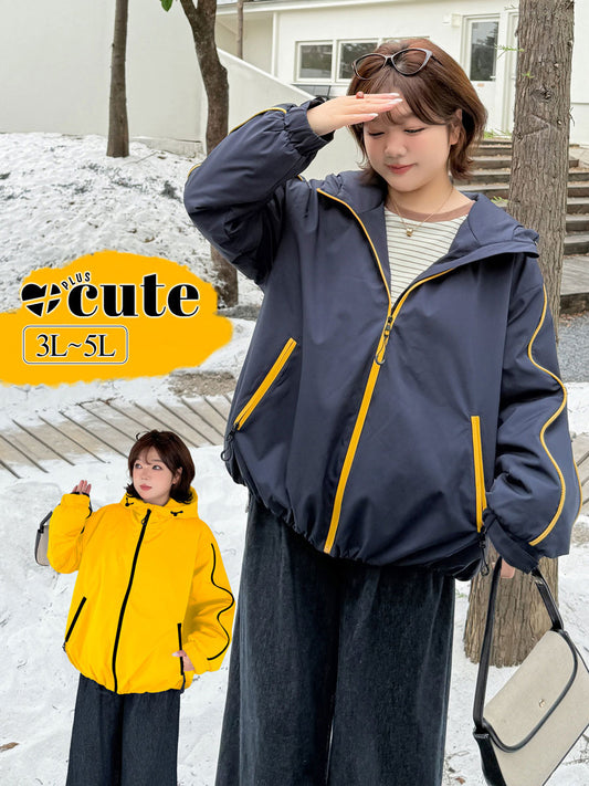 大きいサイズ レディース フード付きバイカラーパイピングカジュアルジャケット 3L 4L 5L