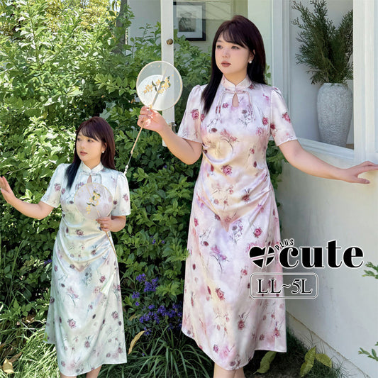 大きいサイズ レディース チャイナ風レトロ花柄プリントワンピース LL 3L 4L 5L