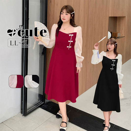 大きいサイズ レディース フレンチスクエアネックパフスリーブワンピース（半袖/長袖） LL 3L 4L 5L