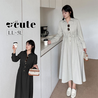 大きいサイズ レディース シャツカラーオフィスカジュアルウエストワンピース LL 3L 4L 5L