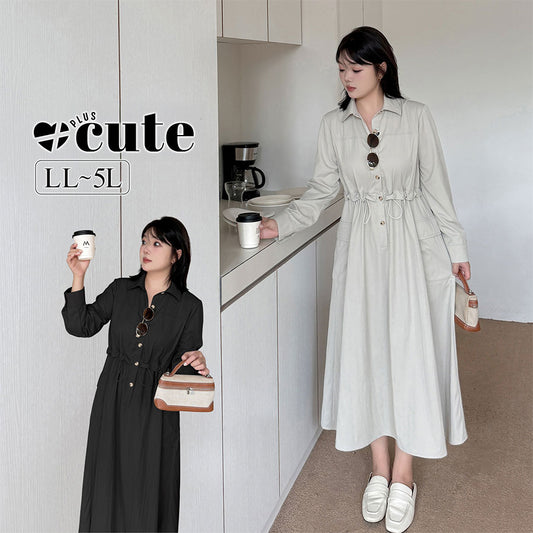 大きいサイズ レディース シャツカラーオフィスカジュアルウエストワンピース LL 3L 4L 5L