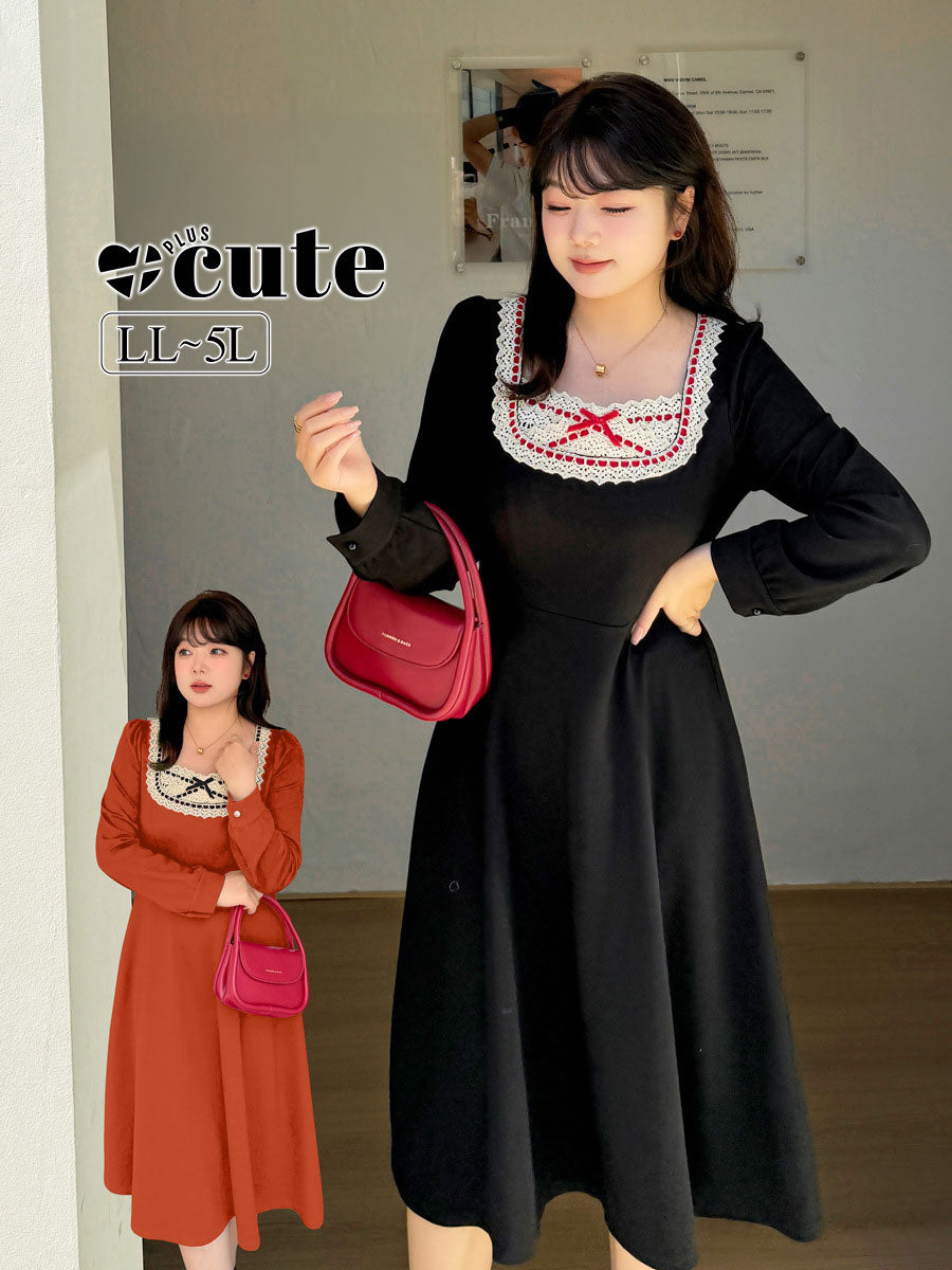 大きいサイズ レディース スクエアネックリボンレースワンピース LL 3L 4L 5L