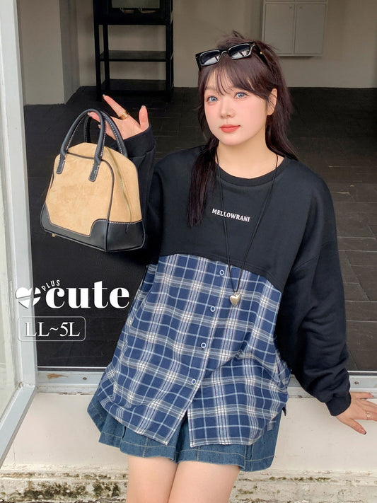 大きいサイズ レディース フェイクツーピースチェック柄スウェットシャツ LL 3L 4L 5L
