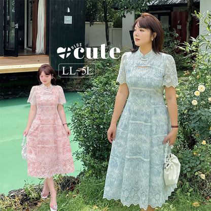 大きいサイズ レディース チャイナ風ビーズラグジュアリー花柄刺繍ワンピース LL 3L 4L 5L