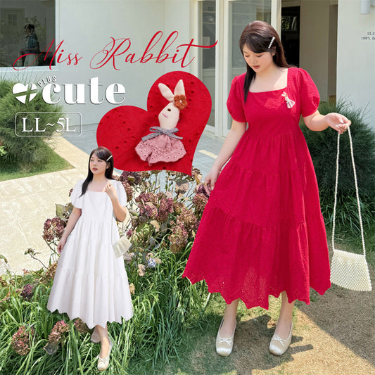 大きいサイズ レディース スクエアネック中空刺繍ティアードワンピース LL 3L 4L 5L
