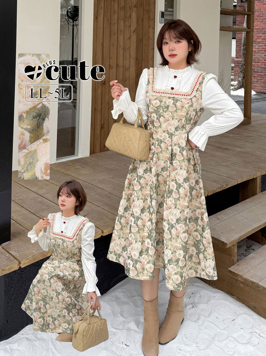 大きいサイズ レディース フレンチフリルハートボタンパッチワーク花柄ワンピース LL 3L 4L 5L