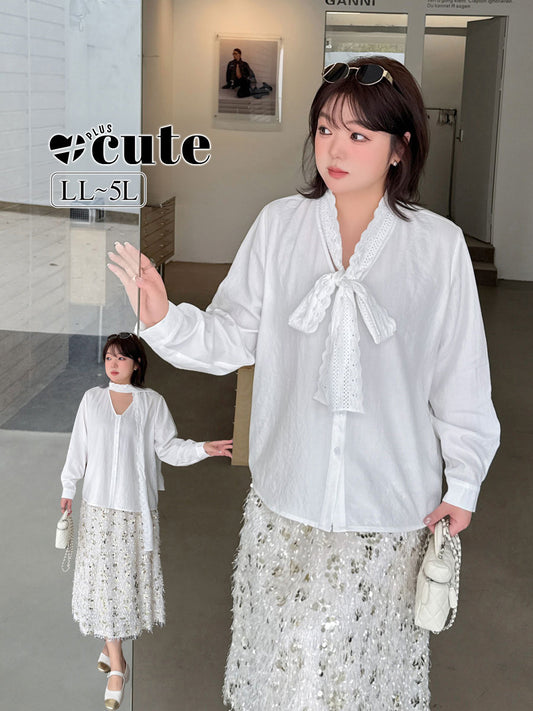 大きいサイズ レディース レースリボンフレンチホワイトブラウス LL 3L 4L 5L