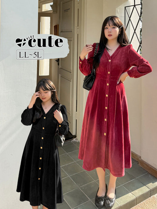 大きいサイズ レディース Vネックベルベット花柄ボタンダウンワンピース LL 3L 4L 5L