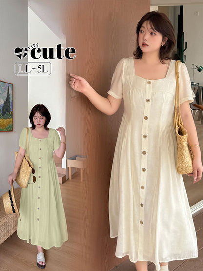 大きいサイズ レディース スクエアネック木目フラワーボタンマキシワンピース LL 3L 4L 5L