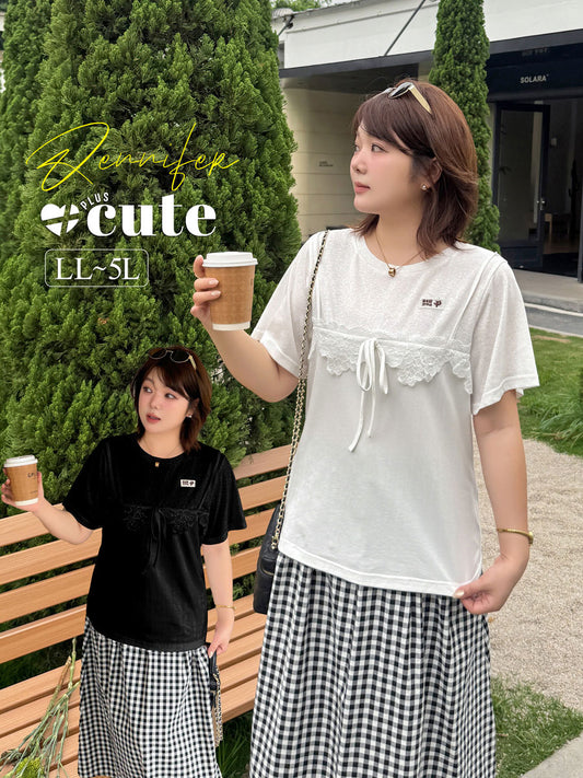 大きいサイズ レディース フェイクレイヤードレースリボンTシャツ LL 3L 4L 5L