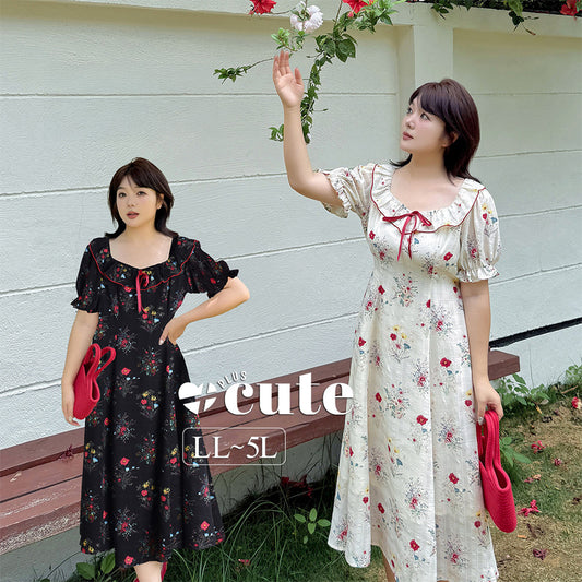 大きいサイズ レディース リボンフリル花柄プリントバブルスリーブワンピース LL 3L 4L 5L