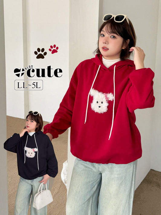 大きいサイズ レディース ふわふわ小犬厚手ニットスウェットパーカー LL 3L 4L 5L