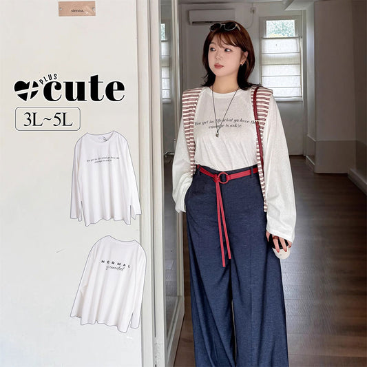 大きいサイズ レディース ラウンドネックプリントロゴ長袖白Tシャツ 3L 4L 5L