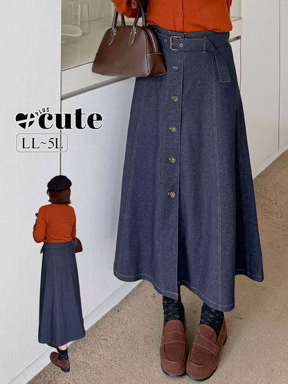 大きいサイズ レディース 起毛フェイクデニムベルト付ボタンダウンロングスカート LL 3L 4L 5L