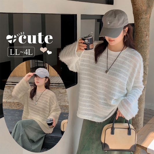 大きいサイズ レディース 透かし編みボーダーレースニット LL 3L 4L
