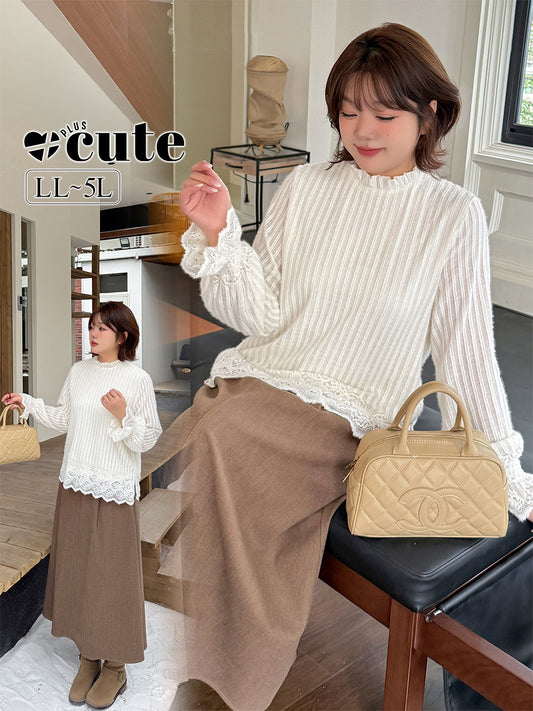 大きいサイズ レディース ストライプ×レース フレンチガーリーブラウス LL 3L 4L 5L