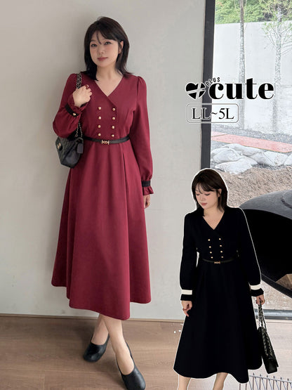 大きいサイズ レディース フリルVネックダブルブレストワンピース（ベルト別売） LL 3L 4L 5L