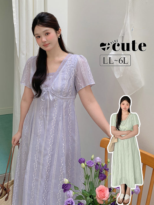 大きいサイズ レディース レースVネックドット刺繍Aラインワンピース LL 3L 4L 5L 6L