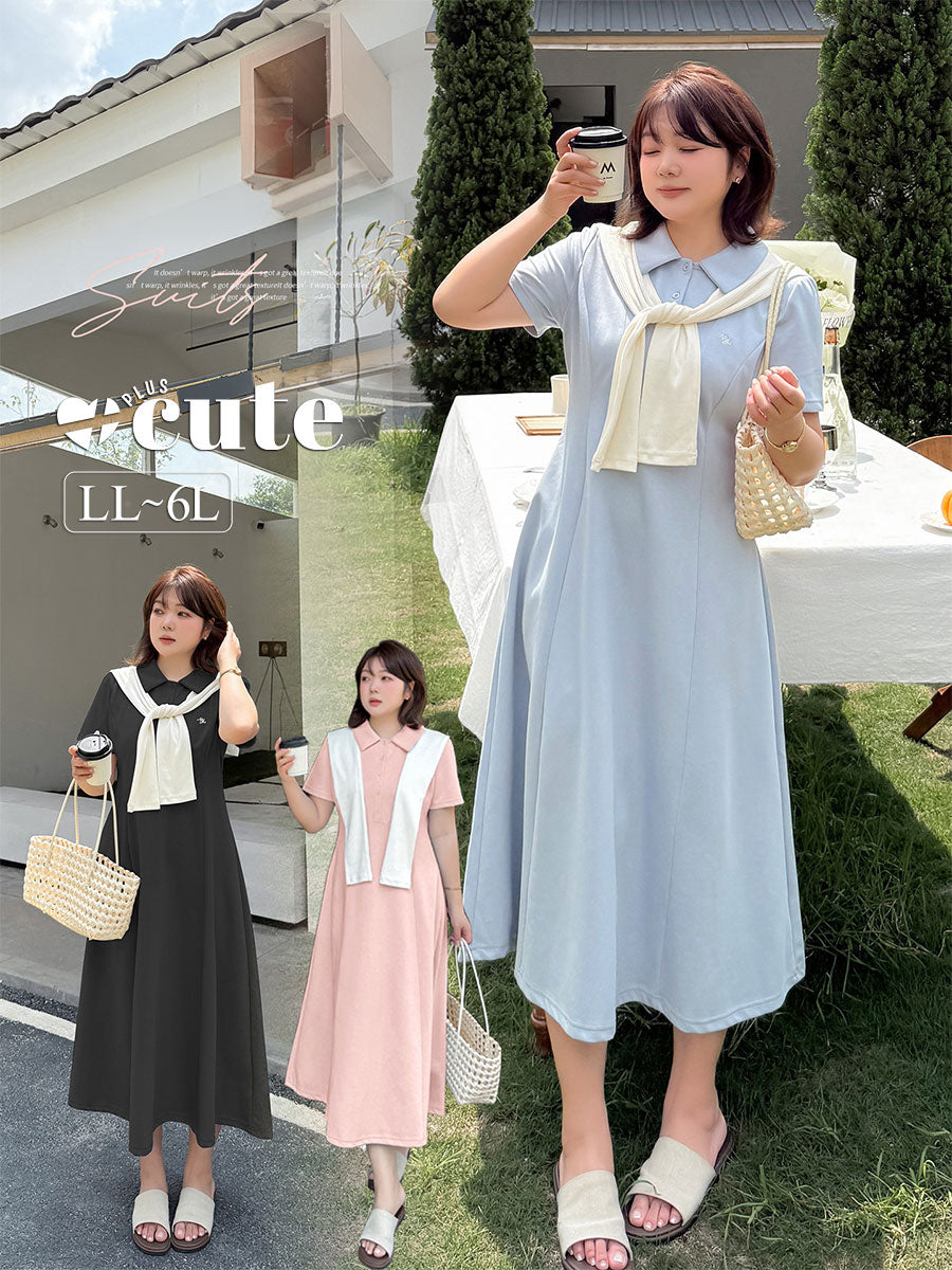 大きいサイズ レディース 刺繍入りショール付きポロカラーロングワンピース LL 3L 4L 5L 6L