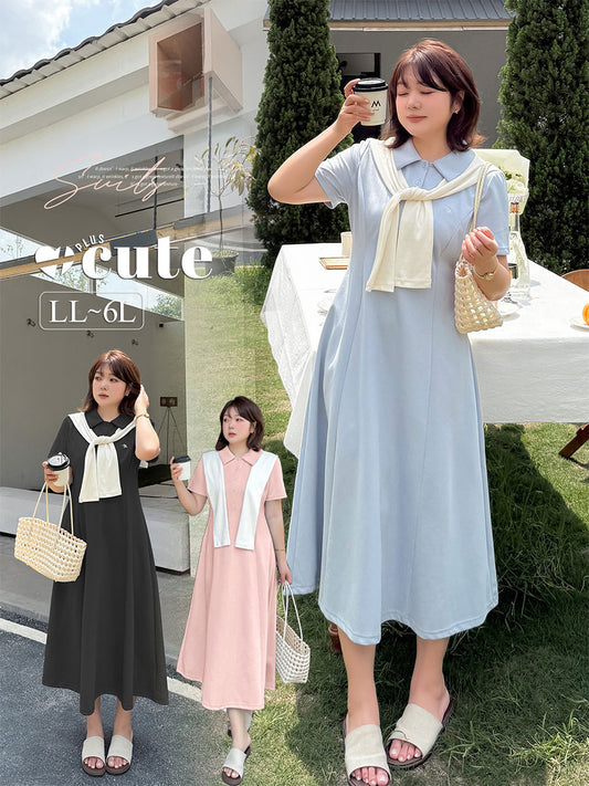 大きいサイズ レディース 刺繍入りショール付きポロカラーロングワンピース LL 3L 4L 5L 6L