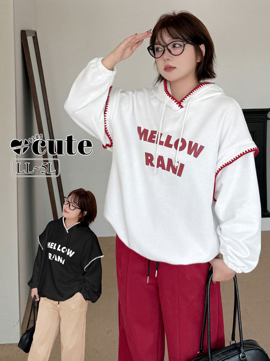 大きいサイズ レディース フード付きコントラストステッチスウェットシャツパーカー LL 3L 4L 5L