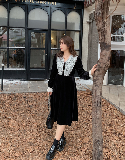 大きいサイズ レディース Vネックレースベルベットエレガントワンピース  LL 3L 4L 5L 6L