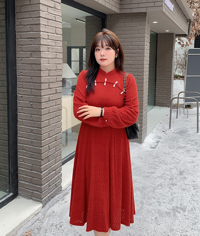 大きいサイズ レディース チャイナ風レトロ花柄ビーズボタンレースワンピース LL 3L 4L 5L