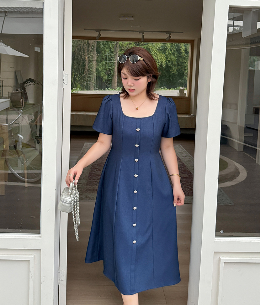 大きいサイズ レディース スクエアネックハートボタンワンピース LL 3L 4L 5L