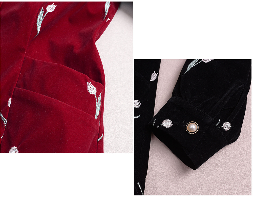 大きいサイズ レディース フレンチスクエアネックチューリップ刺繍ベルベットワンピース LL 3L 4L 5L