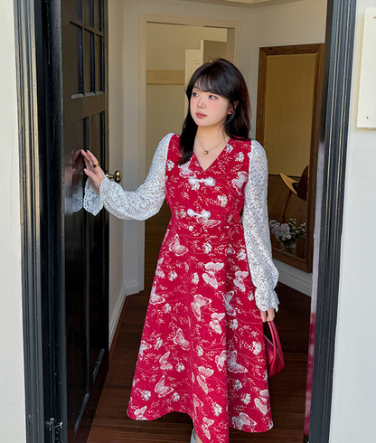 大きいサイズ レディース フェイクツーピースバタフライ刺繍レースワンピース LL 3L 4L 5L