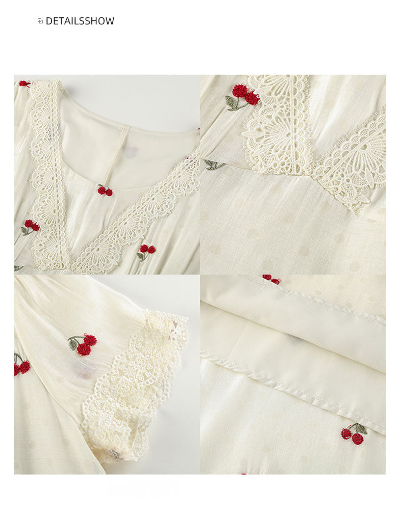 大きいサイズ レディース チェリー刺繍レースネックフレアワンピース LL 3L 4L 5L 6L