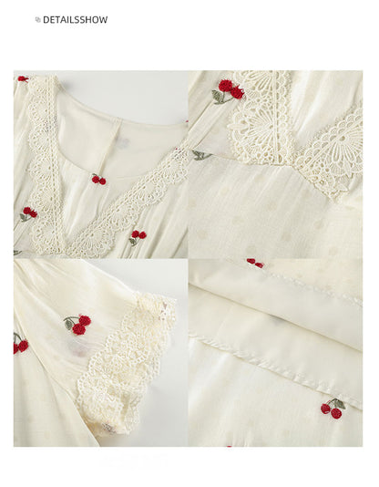 大きいサイズ レディース チェリー刺繍レースネックフレアワンピース LL 3L 4L 5L 6L
