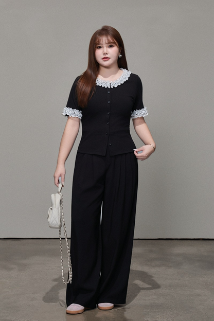 大きいサイズ レディース ドット柄レーストリム半袖トップス LL 3L 4L 5L