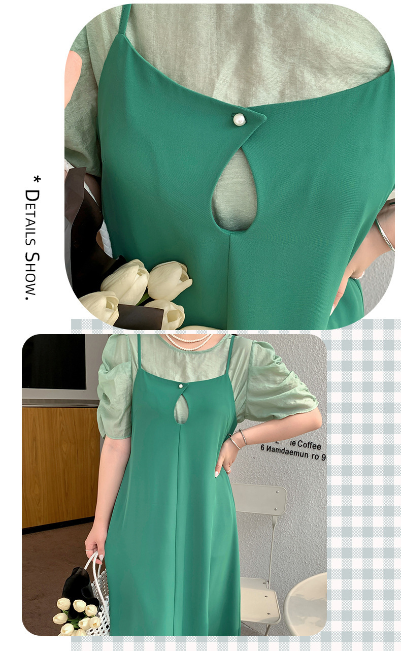 大きいサイズ レディース プリーツパフスリーブブラウス+サスペンダーワンピース LL 3L 4L 5L