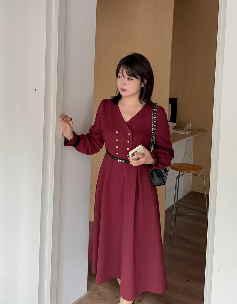 大きいサイズ レディース フリルVネックダブルブレストワンピース（ベルト別売） LL 3L 4L 5L