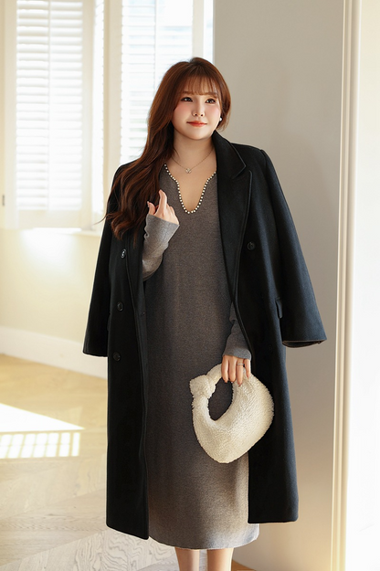 大きいサイズ レディース パールVネックスイートニットフレンチワンピース LL 3L 4L