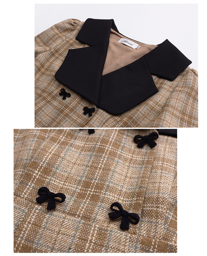 大きいサイズ レディース ブラックラペルフロックリボンチェック柄プリーツワンピース LL 3L 4L 5L