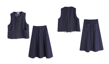 大きいサイズ レディース セットアップ（フェイクデニムステッチベスト＋スカート） LL 3L 4L 5L