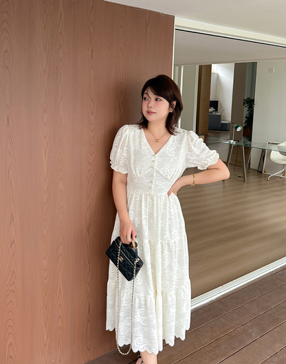 大きいサイズ レディース Vネックペイズリーレースティアードワンピース LL 3L 4L 5L