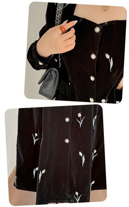 大きいサイズ レディース フレンチスクエアネックチューリップ刺繍ベルベットワンピース LL 3L 4L 5L