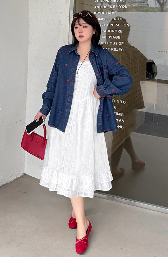 大きいサイズ レディース ストライプ柄ジャカードコットンフリルワンピース（ミニ / ロング） LL 3L 4L 5L