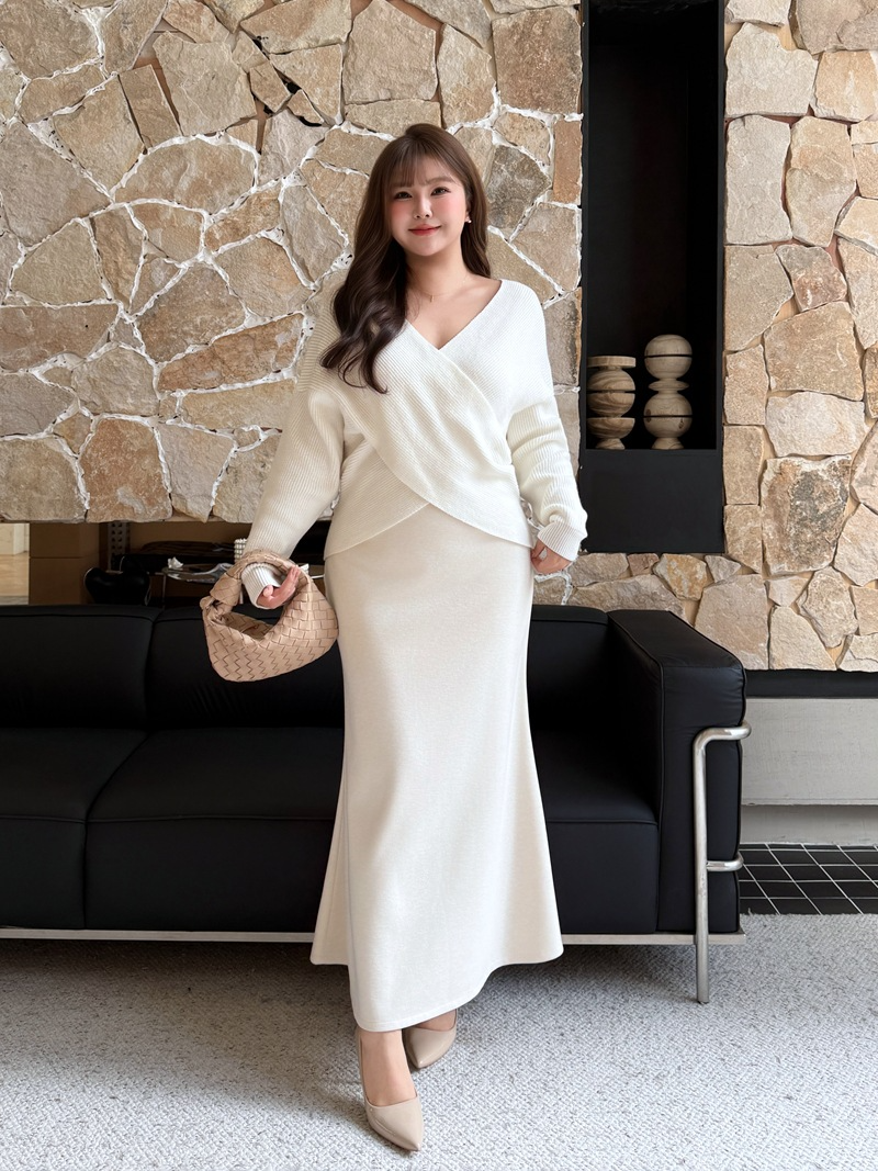 大きいサイズ レディース クロスオーバーVネックエレガントスリーピース（セーター+スカート+ショール） L LL 3L 4L F フリーサイズ