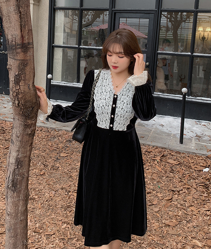 大きいサイズ レディース Vネックレースベルベットエレガントワンピース  LL 3L 4L 5L 6L