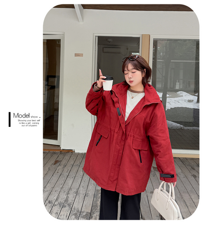 大きいサイズ レディース フード付きウエスト絞りキルティング中綿ジャケット 3L 4L 5L