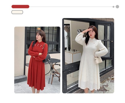 大きいサイズ レディース チャイナ風レトロ花柄ビーズボタンレースワンピース LL 3L 4L 5L