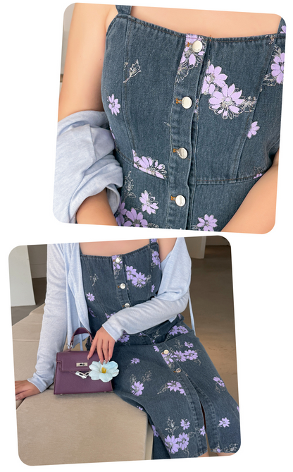 大きいサイズ レディース レトロ花柄デニムキャミソールワンピース LL 3L 4L 5L